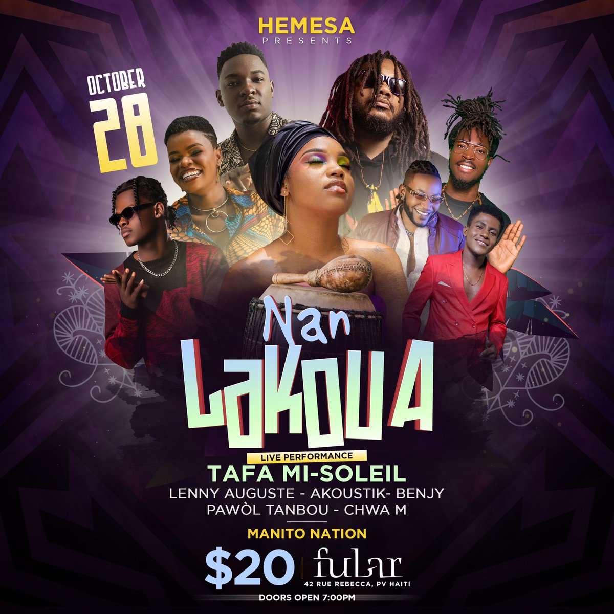 PTanbou's tweet photo. Alo alo! Mete aktivite sa nan ajennda ou pou jou k ap 28 Oktòb 2023 a. Achte tikè a byen bonè pou w pa rate bèl espektak sa a, nan Fubar, Petyonvil. N ap tann tout moun #NanLakouA pou vin amize n ansanm 🥳💜
#Fubar #MLAN #Lakou https://t.co/9tcCEJuPes