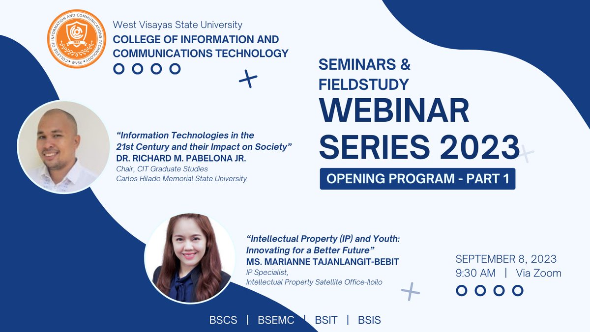 cictwvsu's tweet photo. Join us this September 8, 2023, at 9:30 AM, as we conduct our opening program for Seminars and Fieldstudy Webinar Series live via Zoom! https://t.co/XylCO3LalW