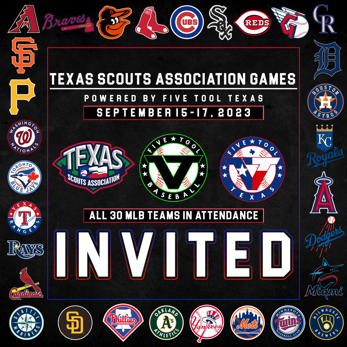 Few spots remaining for @texas_scouts Association Underclass Games. 🗓️September 15-17 📍Z-Plex Texas Sports Village, local HS venues Request your invite today » events.fivetool.org/events/texas-s… #WatchEm