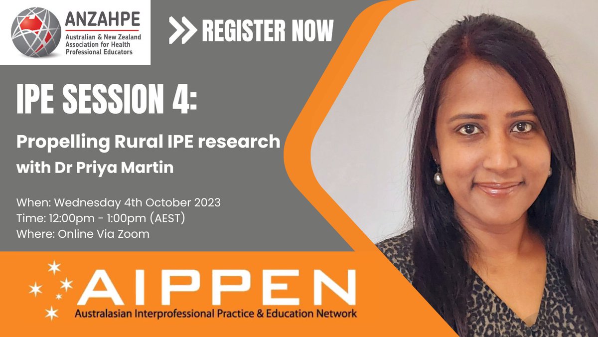 Have you registered for the AIPPEN IPE Session 4: Propelling Rural IPE research with Dr Priya Martin?
Dr Priya Martin will share insights based on her experiences.
When: Weds 4th October 12noon (AEST)
Register here: anzahpe.org/event-5136566