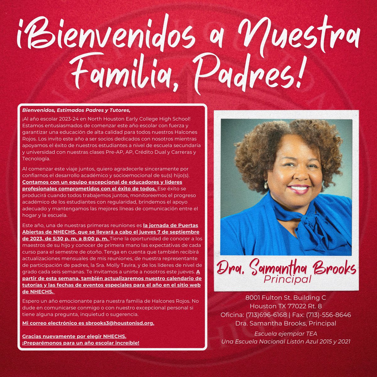 HISD_NHECHS's tweet photo. 📢 Attention Redhawks! 

Our incredible Principal, Dr. Samantha Brooks, has a vital message to share with our dedicated parents. 📚 

Please take a moment to read and stay informed! 👩‍🏫📋 

#PrincipalMessage #RedhawkCommunity #StayInformed https://t.co/mbHix37T27