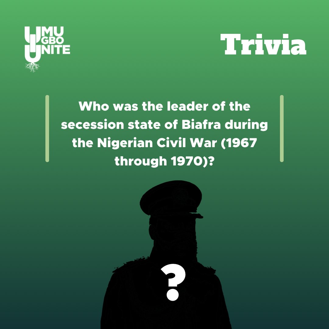 Trivia Tuesday: Test your Igbo History knowledge: 

Can you identify the leader who led the secession of Biafra during the Nigerian Civil War? He was featured in the documentary shown at this years convention. 

Share your answers in the comments

#UIU2024 #biafra #triviatuesday