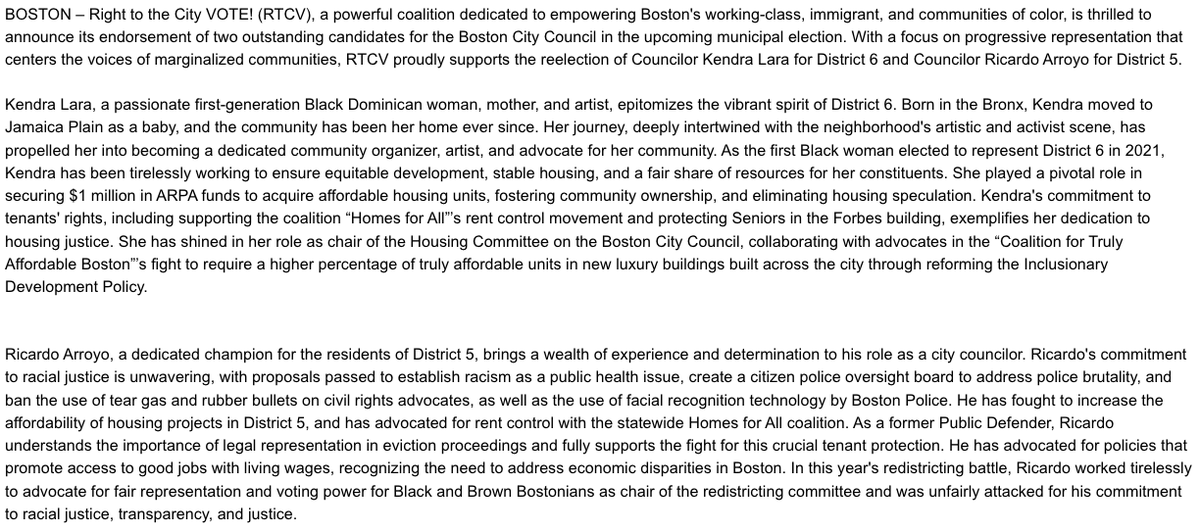 lisakashinsky's tweet photo. Progressive political group @RTCVBoston has endorsed Kendra Lara + Ricardo Arroyo for another Boston City Council term.

The group says Arroyo was "unfairly attacked" during the contentious redistricting process; doesn't mention controversies surrounding either candidate #bospoli https://t.co/kGh3LiEQ4E
