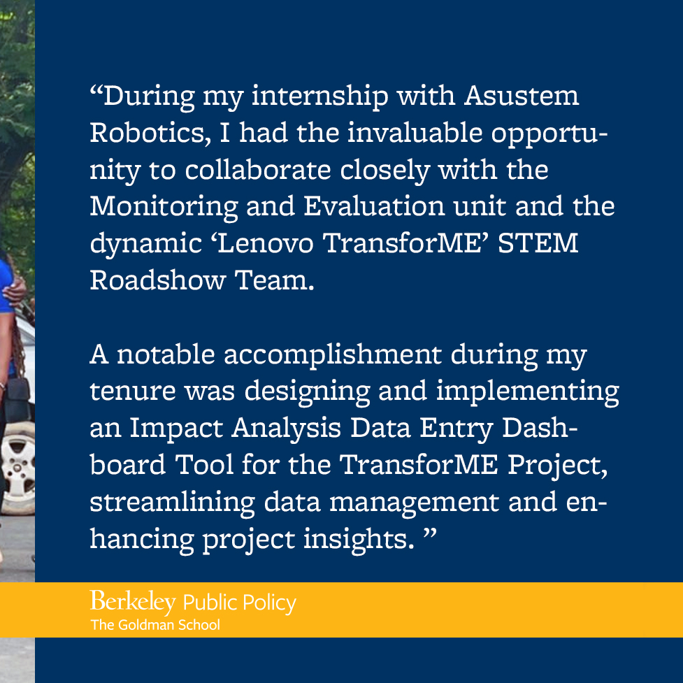 GoldmanSchool's tweet photo. Jennifer Saarkwah, MDP '24, spent a rewarding summer in Accra-Ghana interning with @asustemrobotic Academy, an organization that inspire the next generation of STEM leaders by developing a passion for STEM careers at a young age.
#ucberkeley #policyprofile #goldmanschool #gspp https://t.co/QwwPMeNuvK