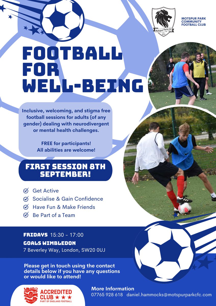 FREE Football For Well-Being sessions for adults with neurodivergent and mental health challenges! Everyone is welcome regardless of your footballing ability! <a href="/goals_wimbledon/">Goals Wimbledon</a> on Friday Afternoons!
⚽Get Active &amp; Feel Good!
🔵Make Friends
⚽Have Fun