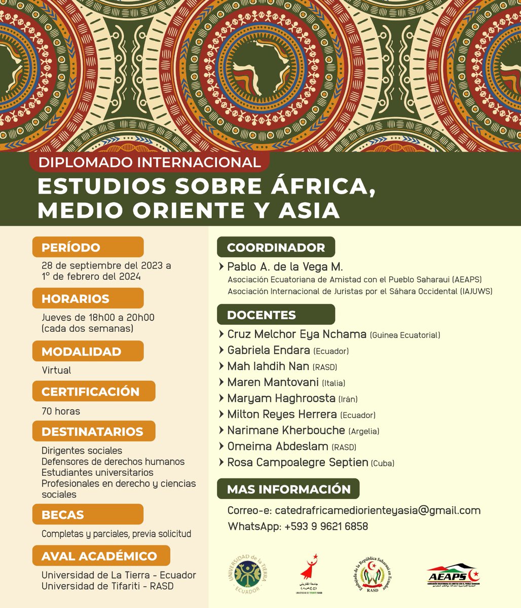 RASDEcuador's tweet photo. La Cátedra África, Medio Oriente y Asia de la Universidad de La Tierra 🌎🇪🇨, la Universidad de Tifariti 🇪🇭, la Embajada de la RASD 🇪🇭🇪🇨 y la #AEAPS 🇪🇨🇪🇭 invita a todas las personas interesadas a inscribirse en su Primer Diplomado: https://t.co/OaV67Nynj8 Bienvenidos/as! https://t.co/zL99xuc05a