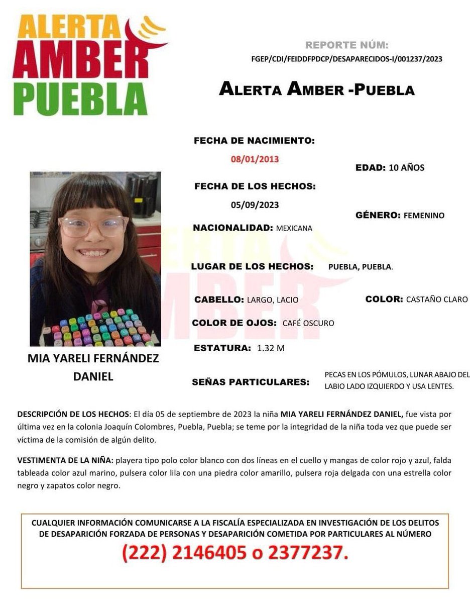 #SeBusca

Mía Yareli Fernández Daniel

Vista por última vez afuera de la escuela primaria Margarita Maza de Juárez en la colonia Joaquín Colombres.

Vestía uniforme escolar. Tiene 10 años

Cualquier información llamar al 2224357031