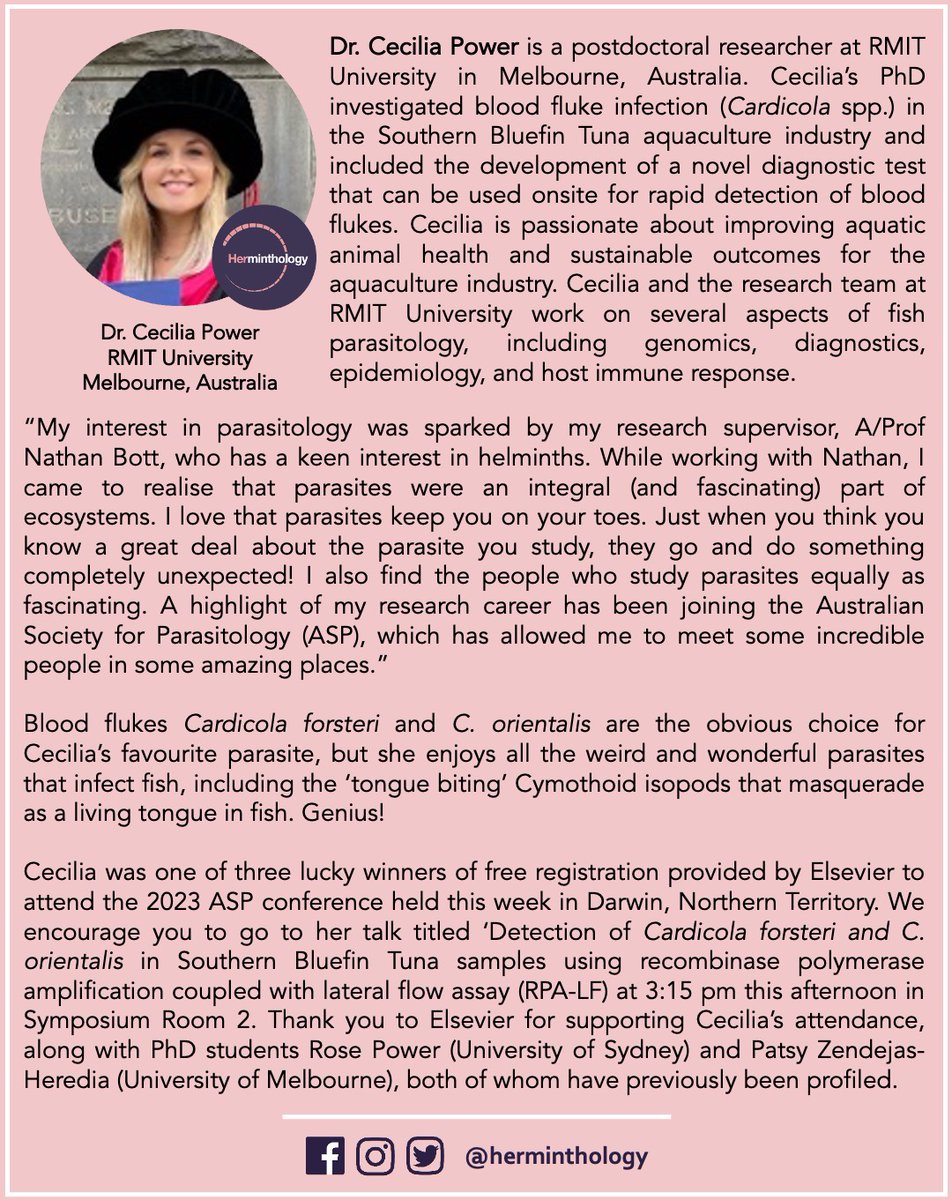 Herminthology (@herminthology) on Twitter photo Today we are delighted to introduce you to <a href="/ceciliapower6/">Cecilia Power</a>, a postdoctoral researcher at <a href="/RMIT/">RMIT University</a> & one of three winners of free registration to <a href="/AS_Para/">Aust Soc for Para</a> from <a href="/ParasitologyELS/">ELS Parasitology & Entomology</a>. She will be talking about detection of Cardicola spp. in Southern Bluefin Tuna at 3:15 in Symposium Room 2. Today we are delighted to introduce you to <a href="/ceciliapower6/">Cecilia Power</a>, a postdoctoral researcher at <a href="/RMIT/">RMIT University</a> & one of three winners of free registration to <a href="/AS_Para/">Aust Soc for Para</a> from <a href="/ParasitologyELS/">ELS Parasitology & Entomology</a>. She will be talking about detection of Cardicola spp. in Southern Bluefin Tuna at 3:15 in Symposium Room 2.