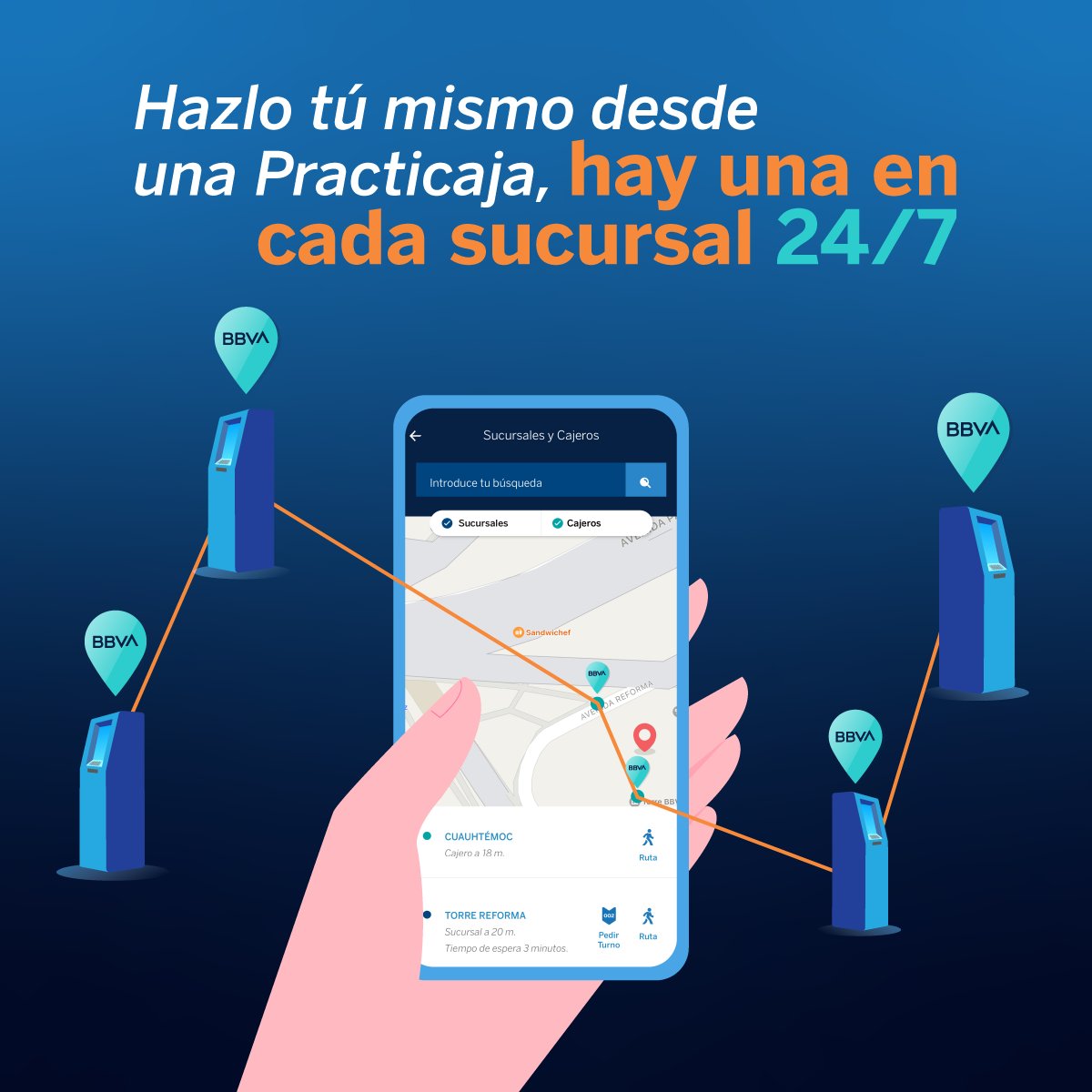 BBVA_Mex's tweet photo. Ahorra tiempo en tus operaciones bancarias en efectivo haciéndolas desde una #Practicaja, hay una en cada sucursal BBVA. 🏦🏧 Aquí localiza la más cercana a ti. 🗺️📌➡️➡️ https://t.co/OR5lDa9KmJ https://t.co/lU3Uc2AiQK