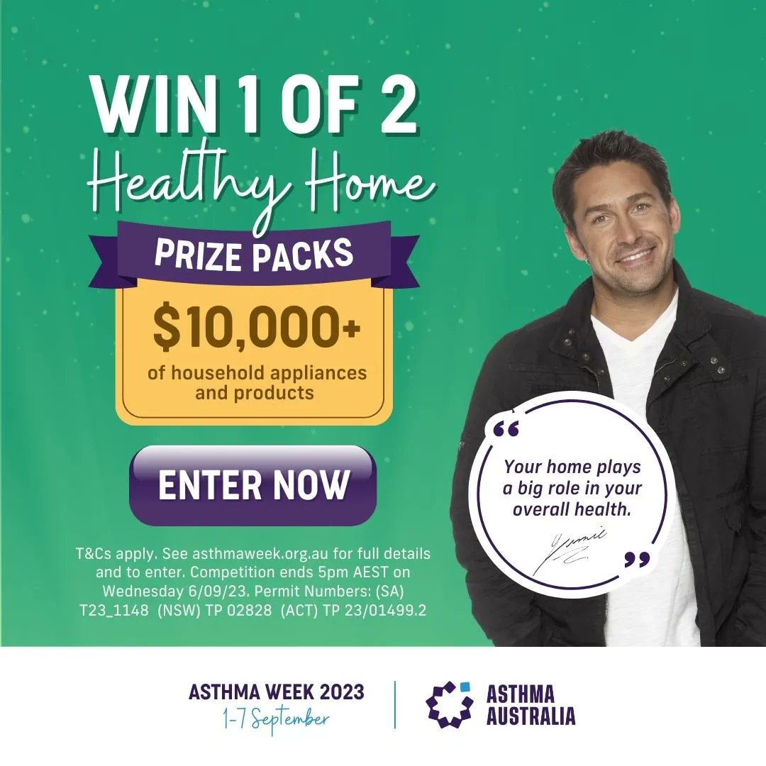 AsthmaAustralia's tweet photo. Have you entered our #AsthmaWeek Healthy Homes Prize Giveaway? One lucky homeowner and one lucky renter will win a Healthy Homes Prize Package worth over $10k each 🎉 The competition closes at 5pm today so enter now before it’s too late! https://t.co/fNog1f7mwX https://t.co/v3evNLScCy