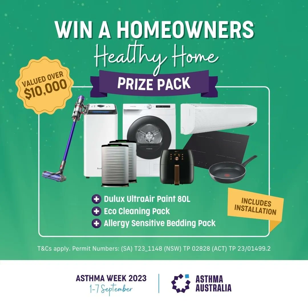 AsthmaAustralia's tweet photo. Have you entered our #AsthmaWeek Healthy Homes Prize Giveaway? One lucky homeowner and one lucky renter will win a Healthy Homes Prize Package worth over $10k each 🎉 The competition closes at 5pm today so enter now before it’s too late! https://t.co/fNog1f7mwX https://t.co/v3evNLScCy