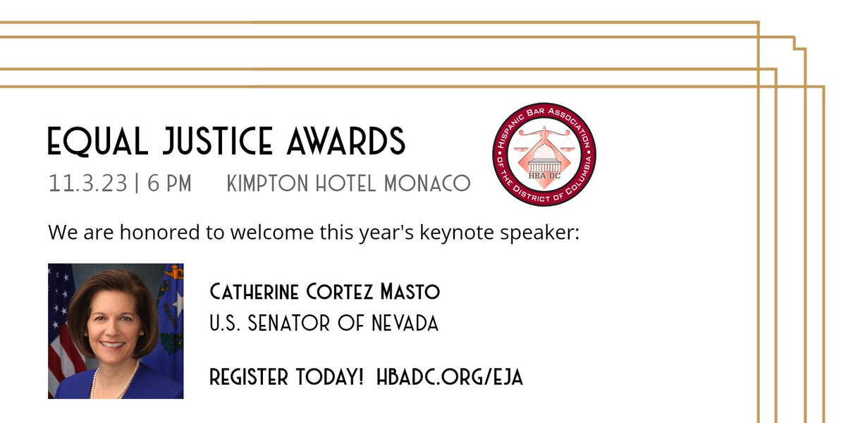 HBA-DC is delighted to announce <a href="/SenCortezMasto/">Senator Cortez Masto</a> as our 2023 Equal Justice Awards keynote speaker! This year's EJA is on Fri., Nov. 3 at <a href="/Kimpton/">Kimpton</a> Monaco DC. Get your tickets or sponsor today! Learn more: hbadc.org/eja.
#HBADCEJA2023