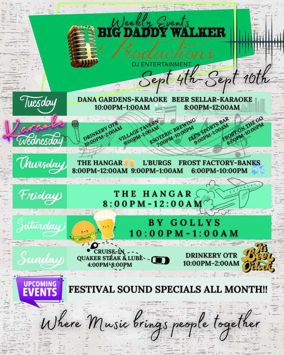 BigDaddyWalker's tweet photo. ***✔️CHECK US OUT THIS WEEK!!*** We have many fun events coming up🎤🎶! Grab some friends and come hang out with us!!🍻
**🔊FESTIVAL SOUND SPECIALS ALL MONTH** DM us for more information!
#weeklyevents #weeklyupdate #festival #cincinnati #butlercountyohio #karaoke #music #beer https://t.co/mtUivjARPx