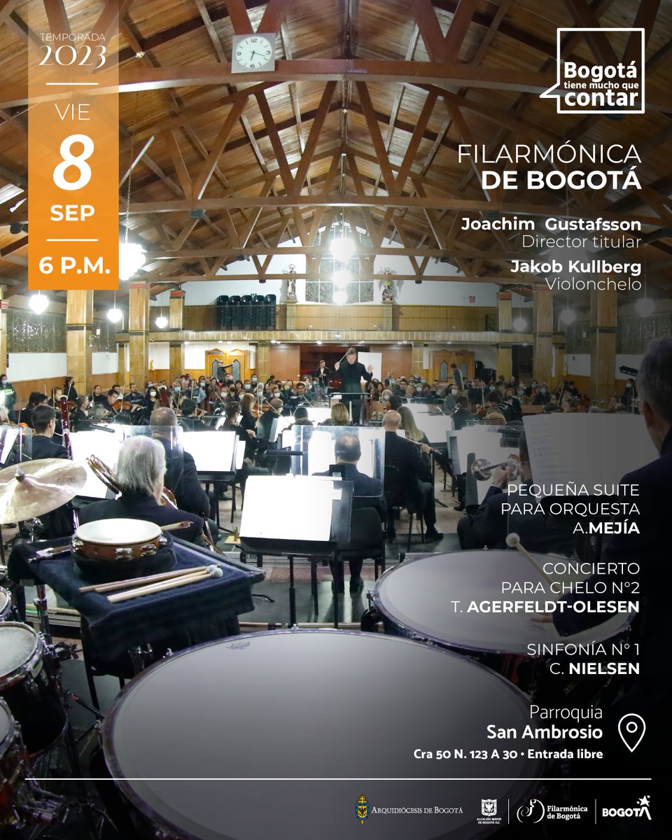 filarmonibogota's tweet photo. Esta semana la Filarmónica de Bogotá llega a la localidad de @AlcaldiaSuba11 ¡Prográmate! 👉🏻

8 de septiembre alas 6p.m. en la Iglesia San Ambrosio:  con un concierto de estreno junto al solista Jakob Kullber y bajo la dirección de Joachim Gustafsson.

🚩 Cra. 50 #123a-30. https://t.co/6xEz7zGzRX