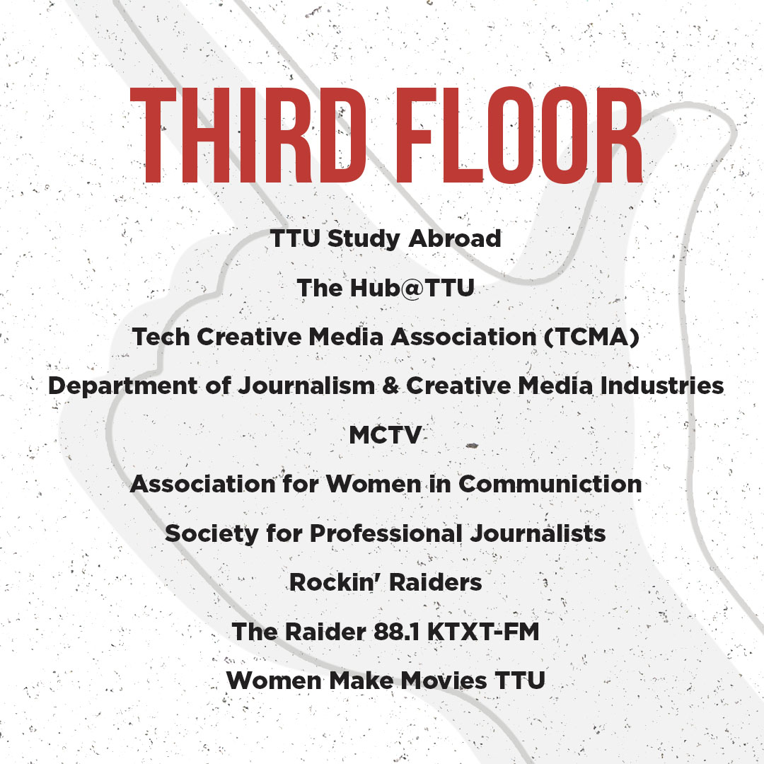 TTU_CoMC's tweet photo. #MyCoMC students! It's that time of year again for our Student Welcome event and we heard you want more information on student organizations. Take a look at who will be on floors 1-3 of the MCOM building tomorrow and be sure to drop by. Light refreshments will also be served π https://t.co/iRoMkiNmHo