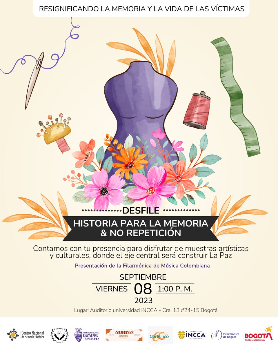 🕊️La moda es un acto político y de reivindicación de la paz. 🙌🏾Por eso, te invitamos a que nos acompañes en el desfile «Historia para la memoria y la no repetición».

🗓️8 de septiembre
⏰1:00 p. m.
📍Auditorio <a href="/uninccaoficial/">Universidad INCCA</a>