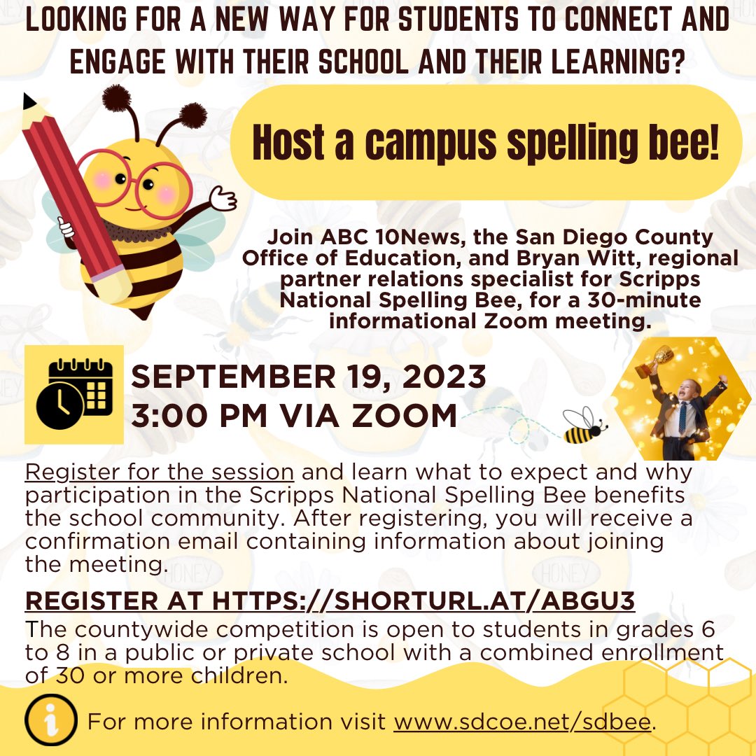 👀 Looking for a new way for students to connect and engage with their school and their learning? Host a campus spelling bee! 🐝🐝🐝
📍Register for an informational meeting, link below! 
Date: Tuesday, September 19th
Time: 3:00 PM via zoom
shorturl.at/abGU3