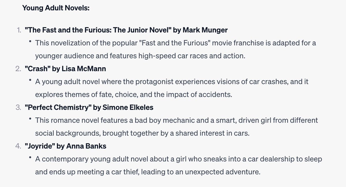 oonziela's tweet image. I just asked #ChatGPT to generate a list of titles (fiction and nonfiction) for high school students who are interested in lacrosse. 🤯 So then, I was all: how about car books? Guess how long it took me to find even one suggestion for #independentreading books on these topics?!