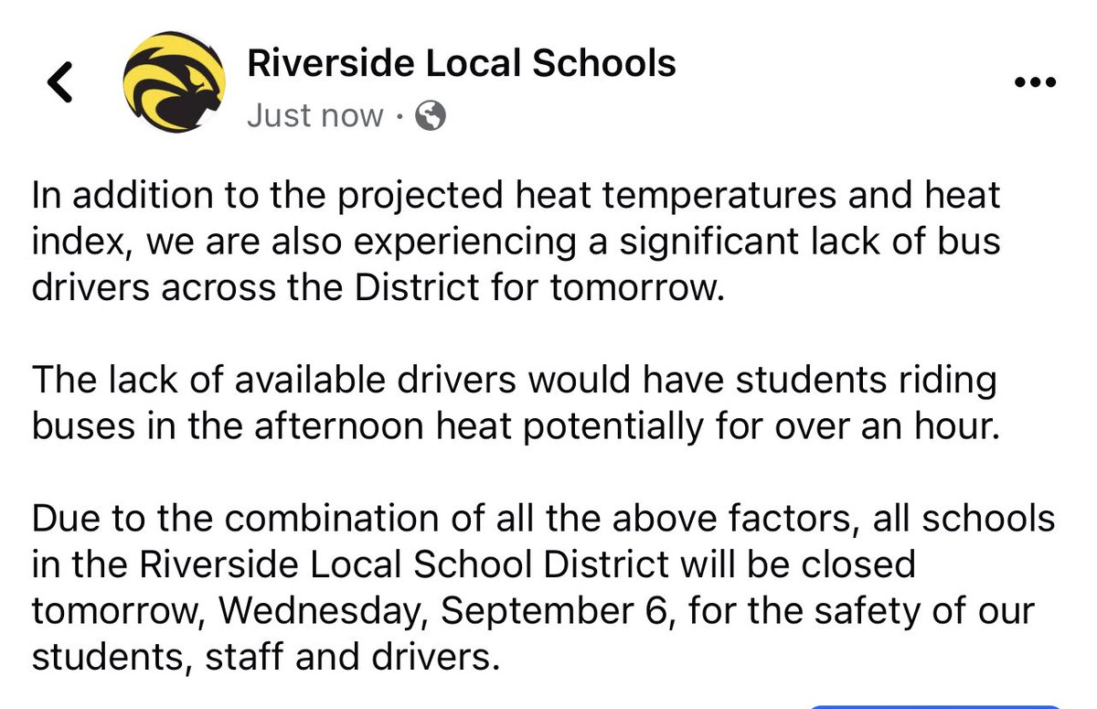 RLSD_Beavers's tweet photo. All schools in the Riverside Local School District will be closed tomorrow, Wednesday, September 6. 

Please see below for more information. https://t.co/6Le3zS6J8S