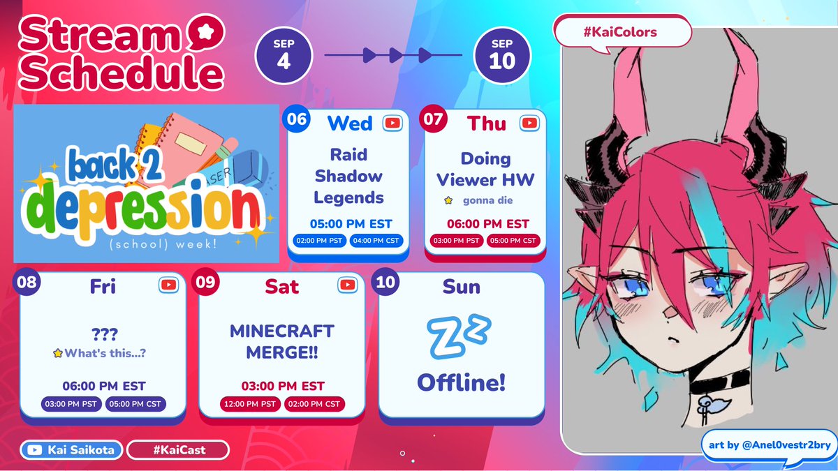 KaiSaikota's tweet photo. This week's schedule! [SEP 4 - SEP 10]

💙EVENT TAG: #KaiBack2Depression
❤️GENERAL: #KaiSaikota
❤️LIVE: #KaiCast
❤️CLIPS: #SaikotaClips
❤️FANART: #KaiColors / #Saikotatas (nsfw)
❤️MEME: #KaiCursed
❤️ASSET: #SaikotASSETS
❤️FANFICTION: #saikofics
❤️MAROS: https://t.co/XsUp0vEC9T