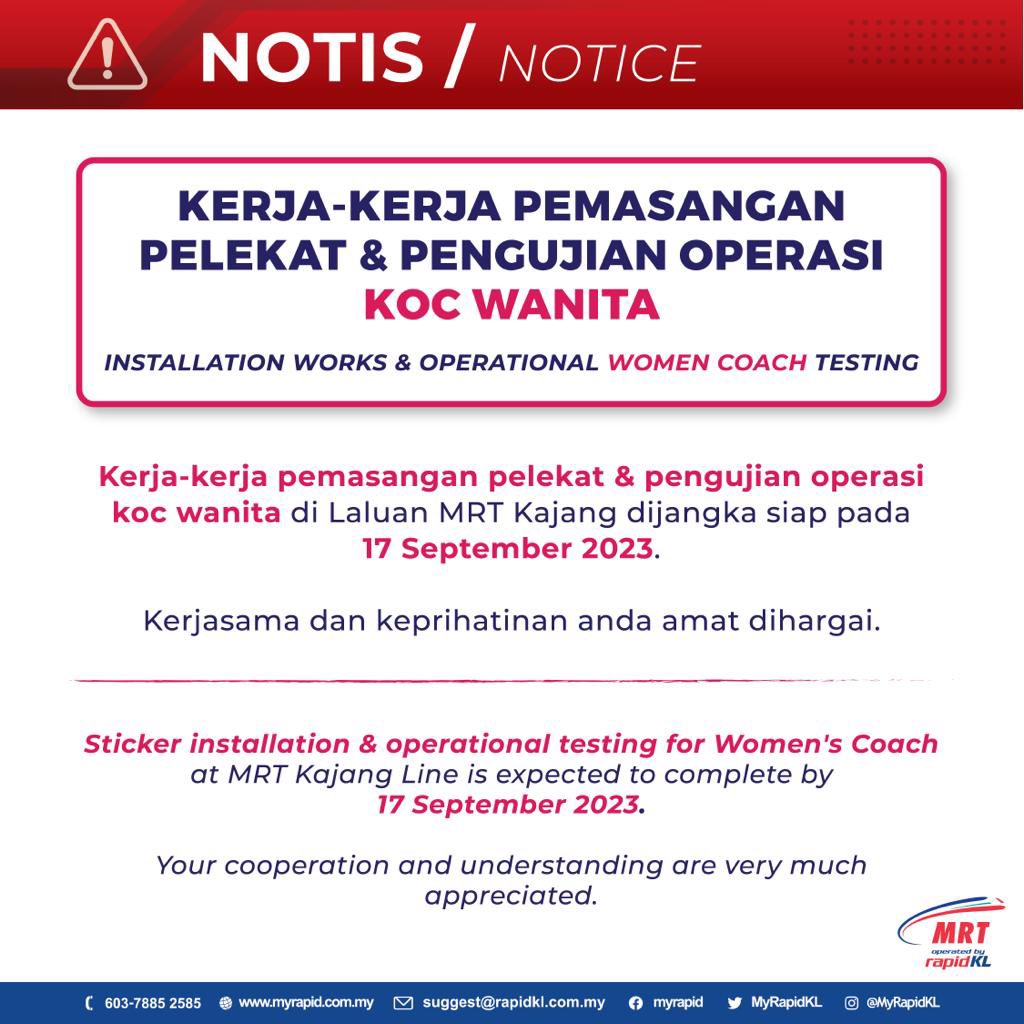 myrapidkl's tweet photo. Pelanggan yang dihormati, kerja-kerja pemasangan pelekat &amp; pengujian operasi koc wanita di MRT Laluan Kajang sedang dijalankan secara berperingkat.

Sila rujuk poster untuk maklumat lanjut. #RapidKL @MRTMalaysia @APADchannel https://t.co/YIFbXn0sPH