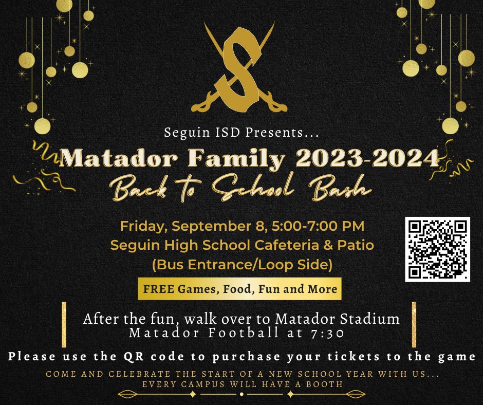 Join us for the Matador Family, Back to School Bash before the Matador Football game on Friday. There will be plenty of free food and games for the entire family. For more information, contact
Allison Seidenberger at alseidenberger@seguin.k12.tx.us or 830-401-8613.
#1Heart1Seguin