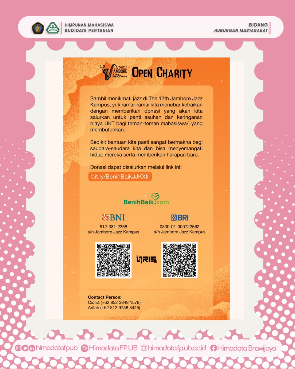 himadatafpub's tweet photo. [OPEN CHARITY THE 12TH JAMBORE JAZZ KAMPUS]

In order to reach our goal which was spread some positivity, love, and kindness. We would like to open donation for those of you who have a bigger heart to help some people who are needed. https://t.co/LgA4KhIXta