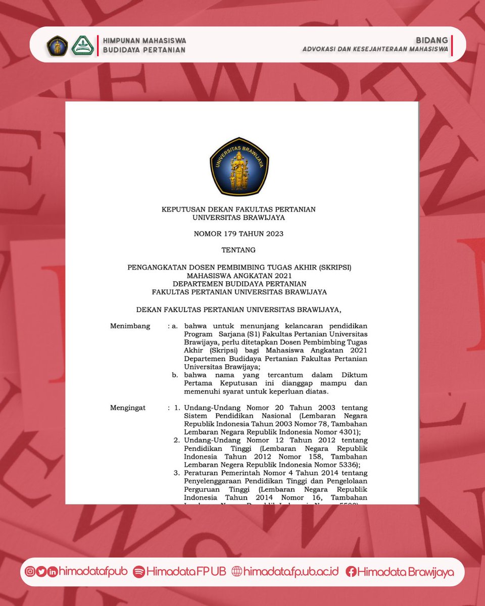 himadatafpub's tweet photo. [A-News: PENGANGKATAN DOSEN PEMBIMBING TUGAS AKHIR (SKRIPSI) 
PROGRAM STUDI AGROEKOTEKNOLOGI ANGKATAN TAHUN 2021 FAKULTAS PERTANIAN UNIVERSITAS BRAWIJAYA]

link pengumuman dosen pembimbing: 
https://t.co/J7AtwYXE3Z https://t.co/eWDamxOTX2