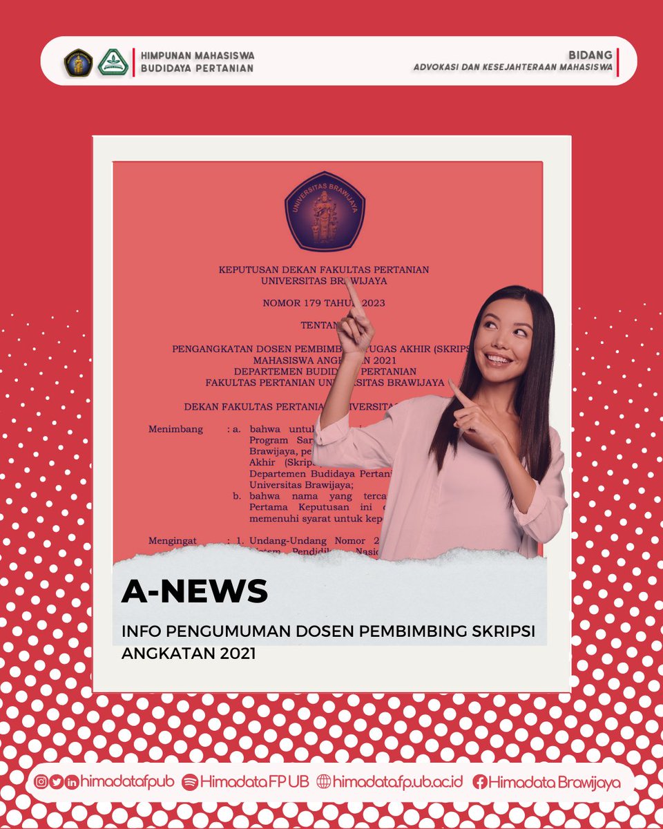 himadatafpub's tweet photo. [A-News: PENGANGKATAN DOSEN PEMBIMBING TUGAS AKHIR (SKRIPSI) 
PROGRAM STUDI AGROEKOTEKNOLOGI ANGKATAN TAHUN 2021 FAKULTAS PERTANIAN UNIVERSITAS BRAWIJAYA]

link pengumuman dosen pembimbing: 
https://t.co/J7AtwYXE3Z https://t.co/eWDamxOTX2