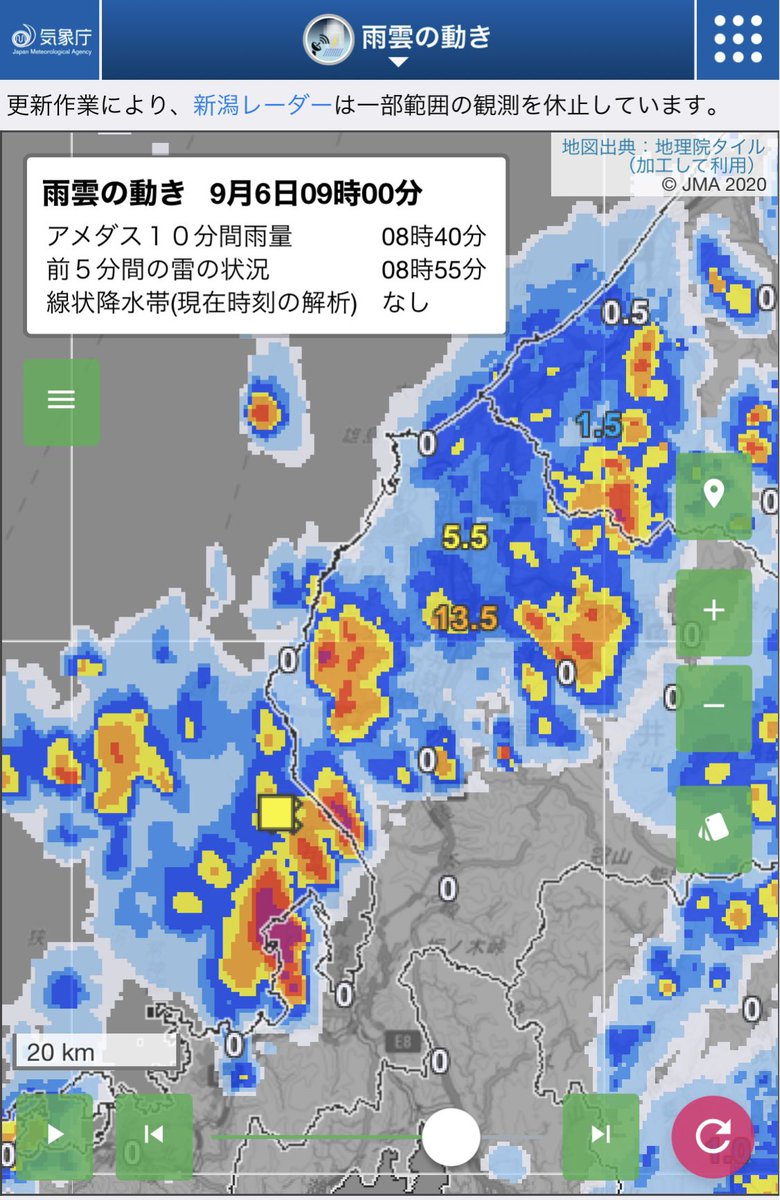 futagon99's tweet photo. 福井県に記録的短時間大雨情報。福井では8.時40分までの10分で13.5ミリという猛烈な降り方。アンダーパスなど一気に路面の状況が悪くなるところも。午後にかけて、雨の降り方に十分注意しましょう。雨雲の動き、キキクルなどを要チェックです。#福井の天気　#記録的短時間大雨情報 https://t.co/06mAa8DicM