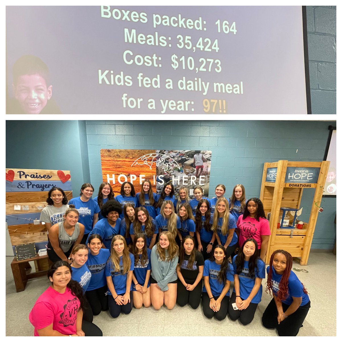 vhhscheer1's tweet photo. VH CHEER loved volunteering today! Bonus is we are in the top 10 of the most boxes packed in a session of all time at Feed My Staving Children! https://t.co/e3BWe2l2vm