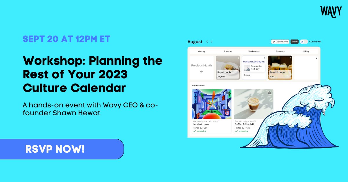 📣 Join us for our next workshop and plan your culture calendar for the rest of 2023! 📷 This is for anyone who wants to create a strategic calendar of social, wellness, and learning activities WITH your team, not just FOR your team. 📷🚀 culture-reef.app.joinwavy.com/public/event/w…