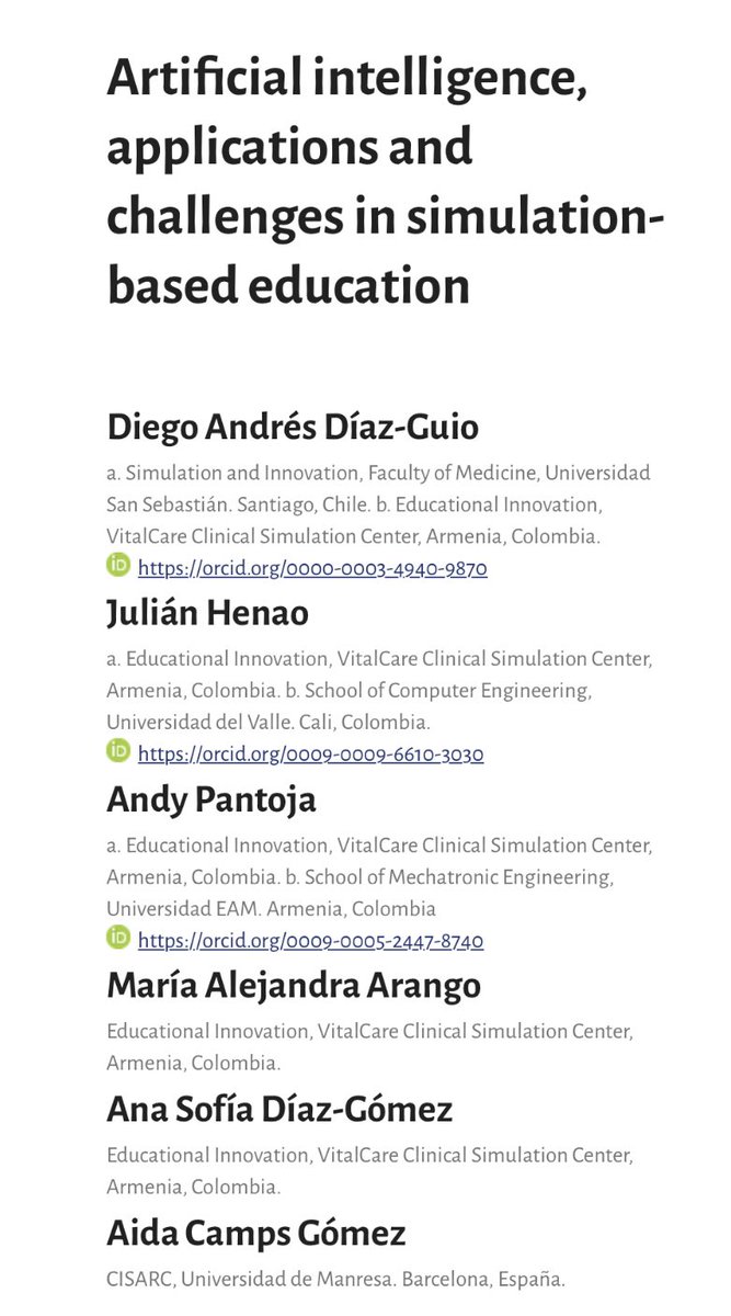 Nuevo artículo del grupo sobre IA y Simulación Clinica en <a href="/Revcolanest/">Colombian Journal of Anesthesiology - CJA</a> en versión temprana en línea: revcolanest.com.co/index.php/rca/… <a href="/USanSebastian/">Universidad San Sebastián</a> <a href="/campsAida1/">Aida Camps</a> <a href="/VitalCareICU/">Vital Care SimCenter</a>