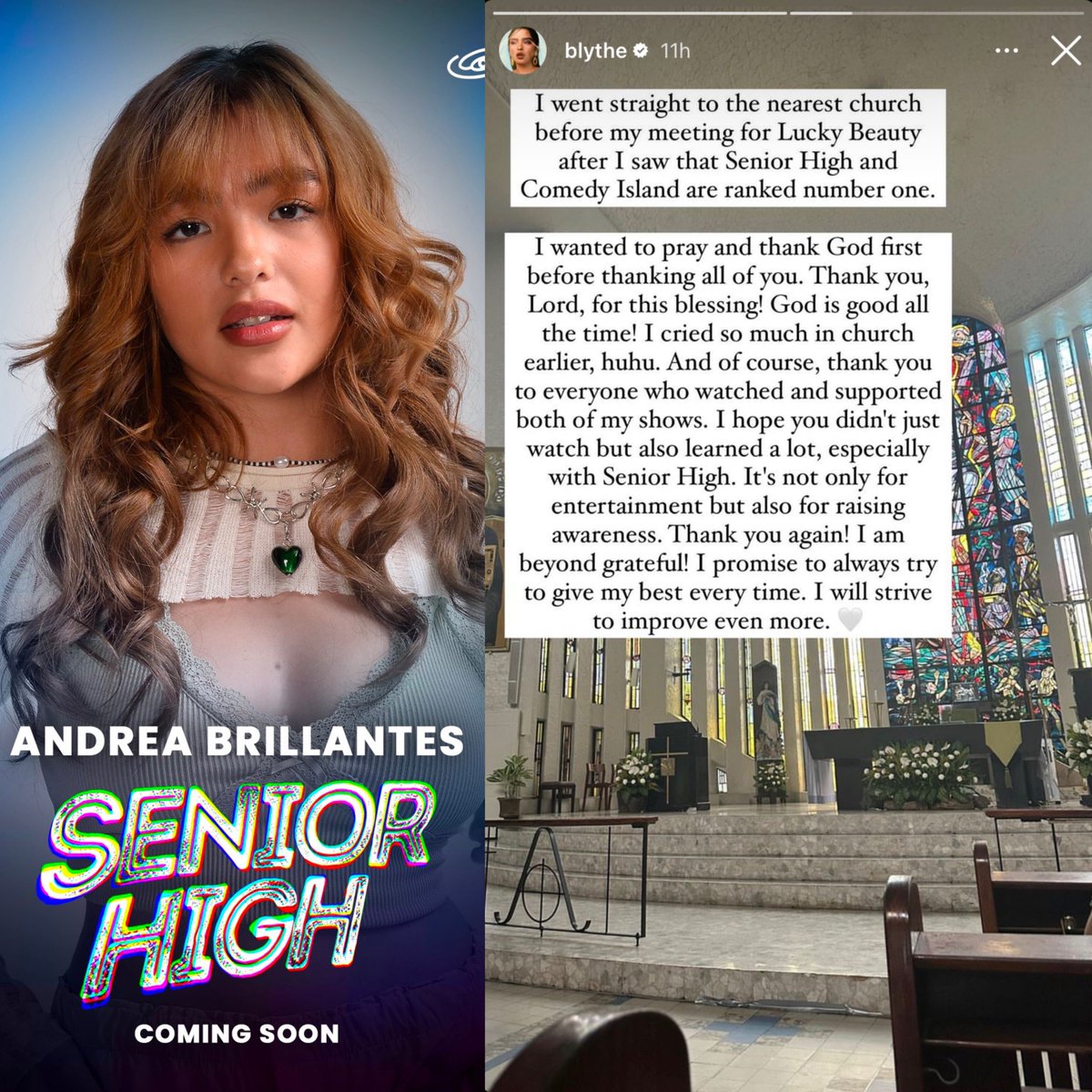 'I AM BEYOND GRATEFUL' 🤍

Aktres na si Andrea Brillantes, nagbahagi ng kanyang appreciation message matapos mag-rank one ang kanyang comedy series na "Comedy Island Philippines" at teleseryeng "Senior High."