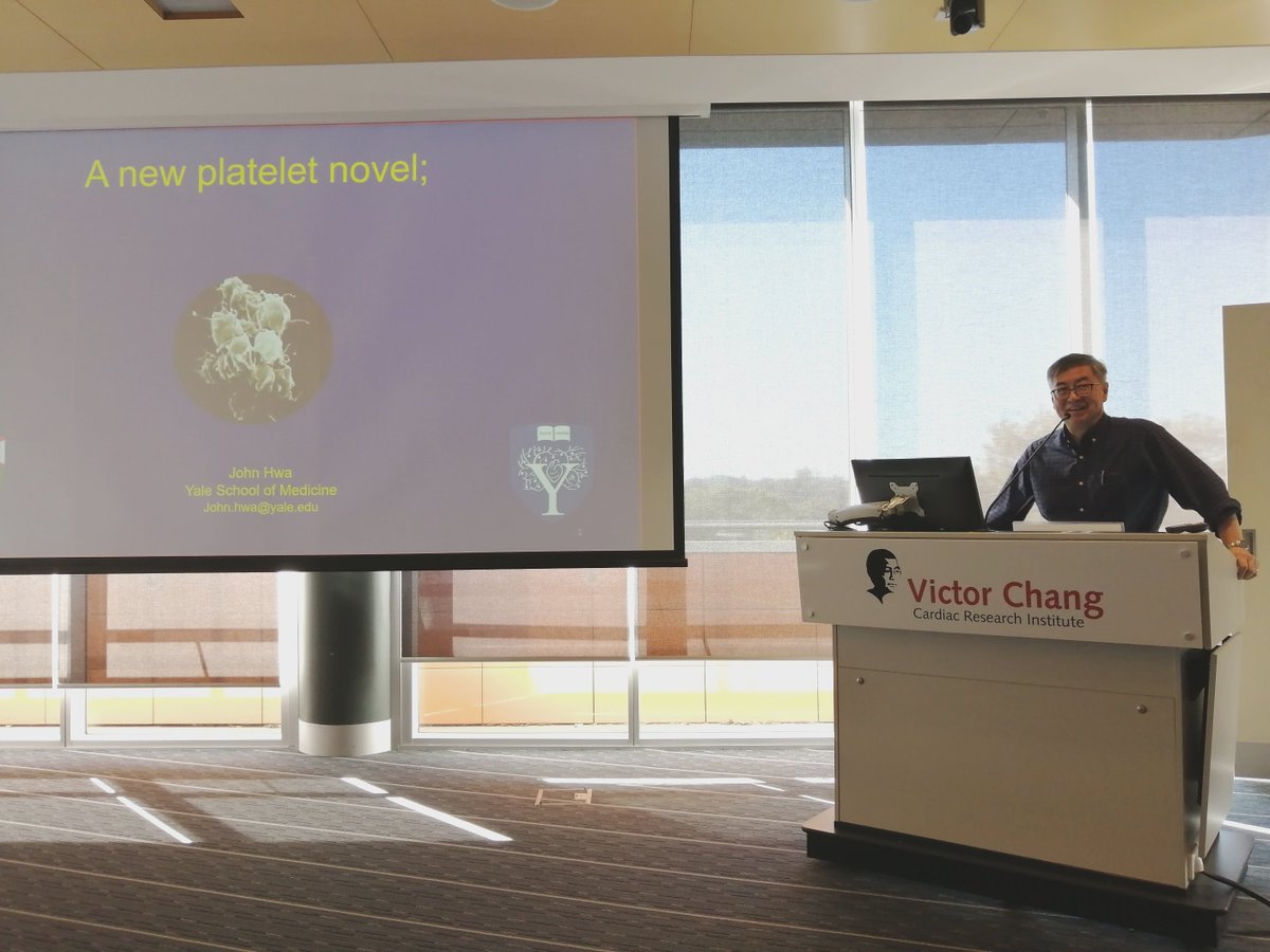 Thrilled to have Prof John Hwa from @YaleCVRC give us a talk on all things platelets this morning @VictorChangInst. Amazing to hear the backstory of how their work with colleagues helped reduce Covid-19 mortality. Real world implications not possible without basic science 💪