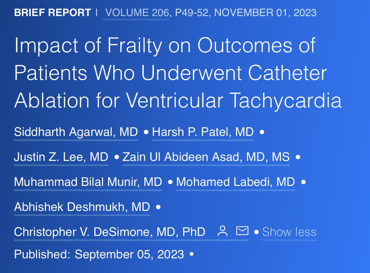 🚨🔥Excited to share our 📝 on the Impact of Frailty on the Outcomes of Patients who Underwent VT⚡️Ablation Extremely grateful for the guidance and mentorship of @DrDeese99 @abhishek_mbbs @DrJustinZLee @ZainAsadEP @drbilalmunir ajconline.org/article/S0002-…