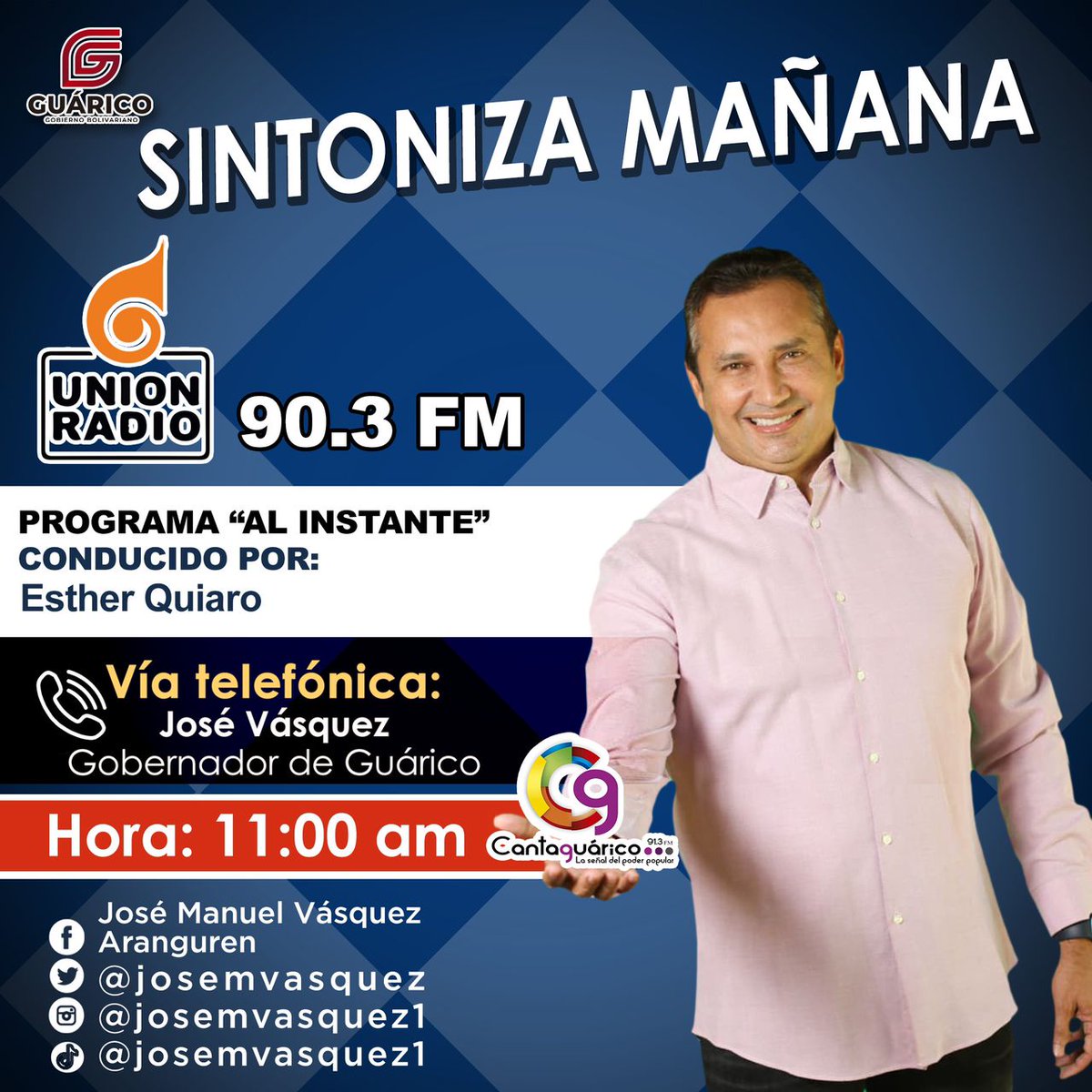 OficialUnerg's tweet photo. #SINTONIZA‼️

Mañana miércoles #06Sep, el  programa "Al Instante", donde participará a través de llamada telefónica, el gobernador del estado bolivariano de Guárico @josemvasquez.

#NuevosCaminosYHorizontes 
#UnergAvanza 
#PorTiUnerg

@Gob_Guarico 
@Torrealbaunerg https://t.co/HjDBAI2sgi