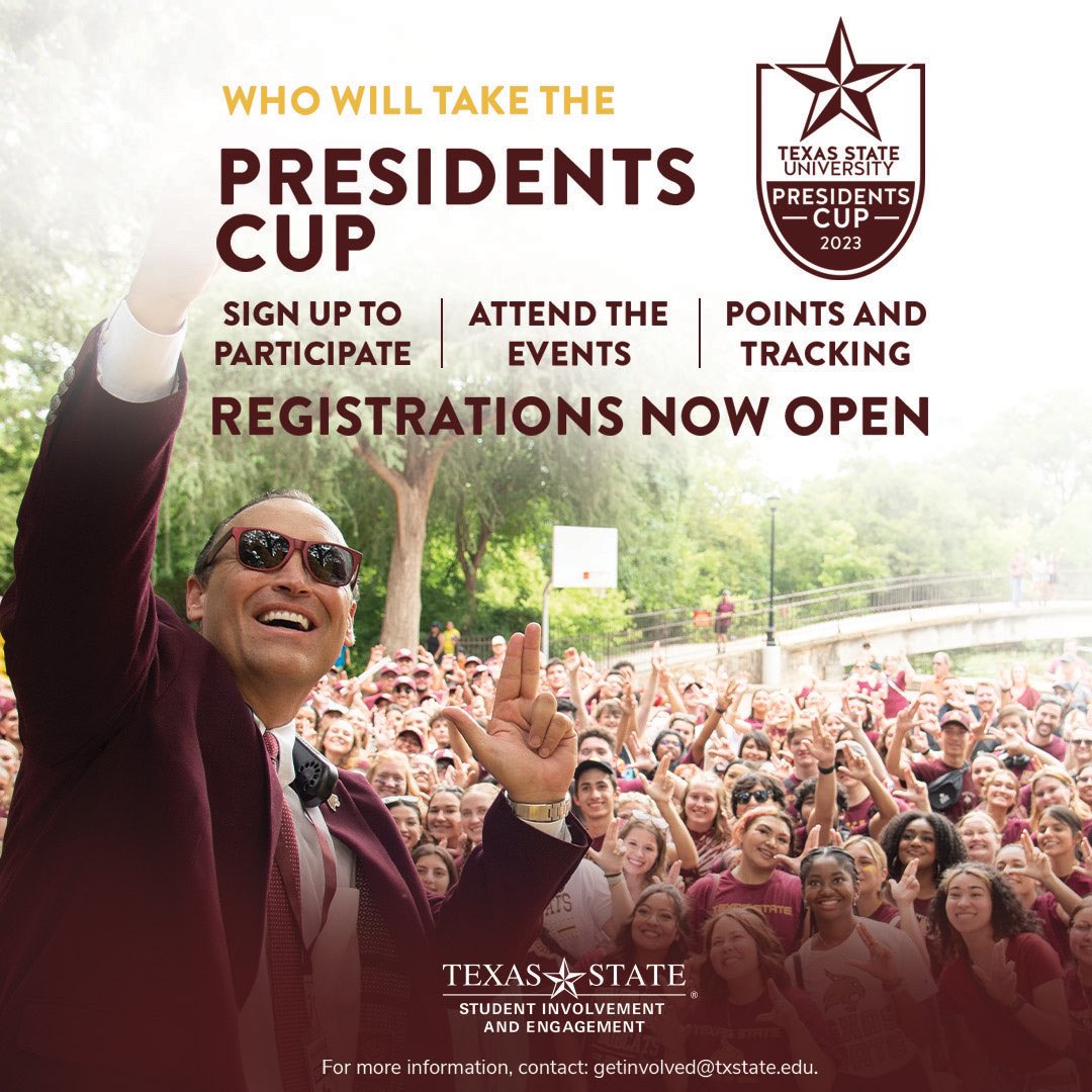 𝙺𝚎𝚕𝚕𝚢 𝙳𝚊𝚖𝚙𝚑𝚘𝚞𝚜𝚜𝚎 (@kdamp) on Twitter photo Alright <a href="/txst/">Texas State University</a> students! If you’re a member of a student org or if you live in a residence hall, this is your invitation to compete for the inaugural President’s Cup, which will reward campus engagement & school spirit! I’m looking forward to seeing you around campus this year!😁 Alright <a href="/txst/">Texas State University</a> students! If you’re a member of a student org or if you live in a residence hall, this is your invitation to compete for the inaugural President’s Cup, which will reward campus engagement & school spirit! I’m looking forward to seeing you around campus this year!😁