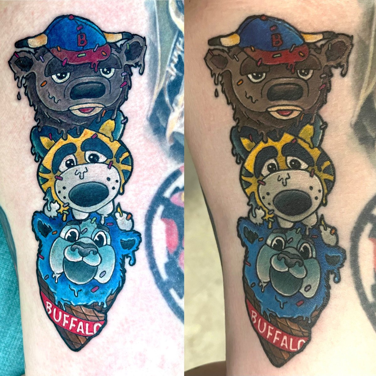 My latest tattoo Fresh vs healed. Honestly super happy with how this healed up 🙂♥️💙

 #BillsMafia  #OneBuffalo