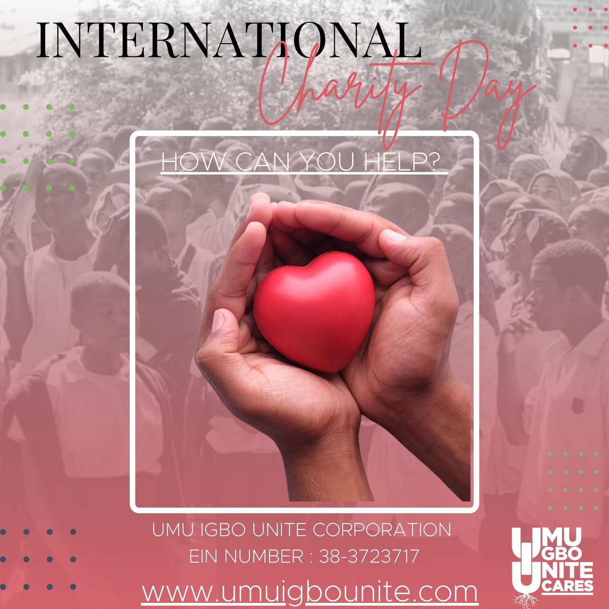 It’s International Day for Charity 🌍💛
Join Umu Igbo Unite Corporation as we continue on our mission to empower, uplift, and create positive change for those in need. Our EIN Number 38-3723717. 💡Did you know that some companies offer donation matching programs? #CharityDay #uiu