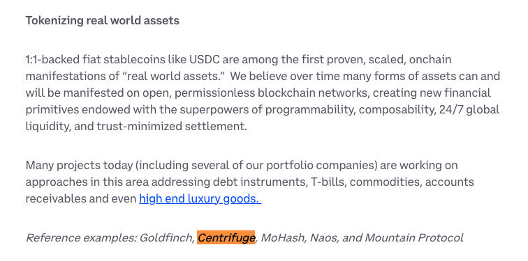 centrifuge's tweet photo. Spotted in @brian_armstrong's latest blog post for Coinbase: 𝘚𝘵𝘢𝘳𝘵𝘶𝘱𝘴 𝘐 𝘞𝘰𝘶𝘭𝘥 𝘉𝘶𝘪𝘭𝘥 𝘛𝘰𝘥𝘢𝘺 🌀

https://t.co/UufppeKmNk https://t.co/UAgVKJsDBW