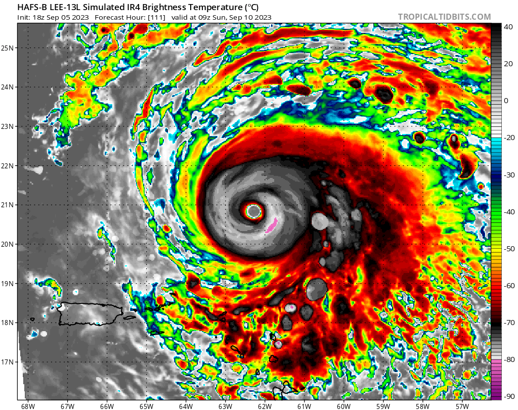 NbergWX's tweet photo. Updated HAFS-B model has been incredibly consistent with an absolutely remarkable intensification. Hurricane #Lee probably reaches into Category 5 this weekend. If taken verbatim (it is a model after all) -- has sustained winds possibly nearing 180 MPH. This is seriously extreme but I guess given how favorable the conditions are this thing could really get into a rare echelon of raw intensity by Saturday night. We shall see on the nitty gritty but this looks like it can really be something else at its peak strength.

The HAFS-A model is slightly "weaker" with 'only' winds nearing 170 MPH over the open water this weekend.

This is Saturday evening shown below, a few hundred miles NE of Puerto Rico.