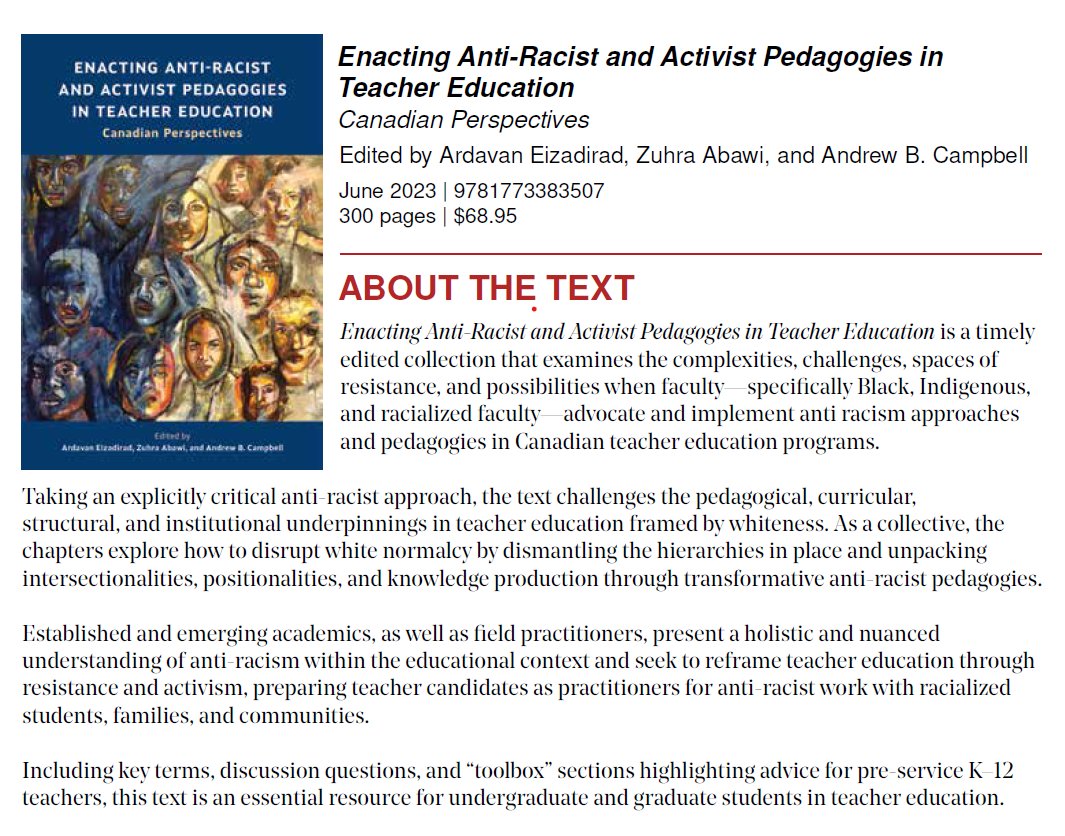 New Book! 

Enacting Anti-Racist and Activist Pedagogies in Teacher Education: Canadian Perspectives

Use coupon code "ENACTINGSEPT23" for 20% off at canadianscholars.ca/book/enacting-…