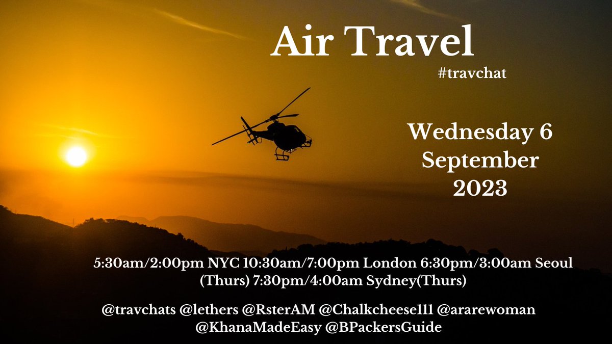 @anorthernexplr @natpackertravel @KhanaMadeEasy @LauraSavino747 @TheDetourEffect @buenviaggio @floggerlaura @ararewoman 
Counting down to today's #travchat
Join us & our usual co-hosts at
5:30am/2:00pm NYC, 10:30am/7:00pm LON, 6:30pm/3:00am(Thurs) Seoul, 7:30pm/4:00am(Thurs) SYD