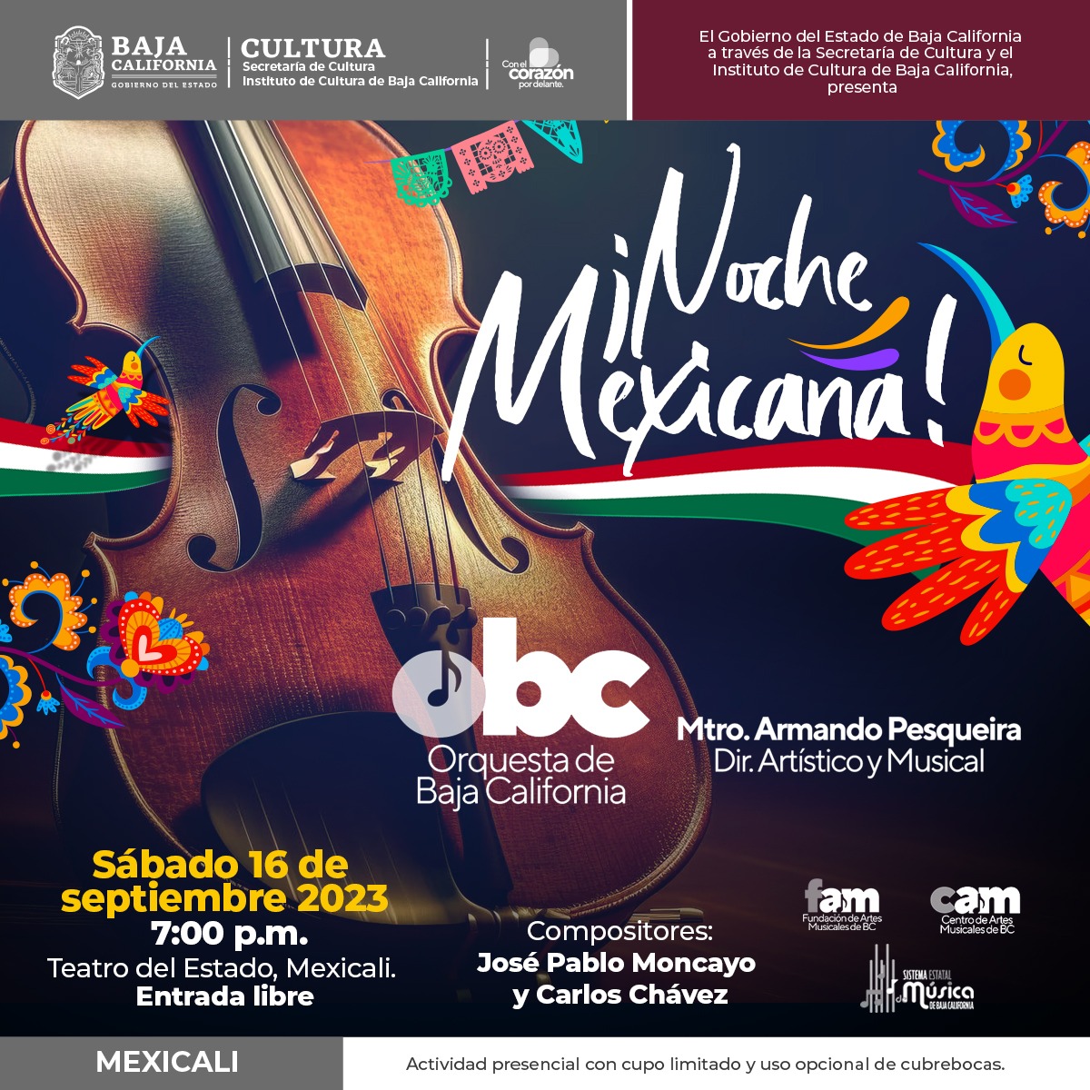 Queridos amigos con un gusto enorme los invitamos a los próximos conciertos de su <a href="/OrquestaBC/">OBC</a> . Jueves 14 de septiembre CEART Tijuana, Sábado 16 de septiembre (¡ya tocaba!), Teatro del Estado en Mexicali. Ambos a las 7 de la tarde entrada libre gracias a la Sría de Cultura de BC.