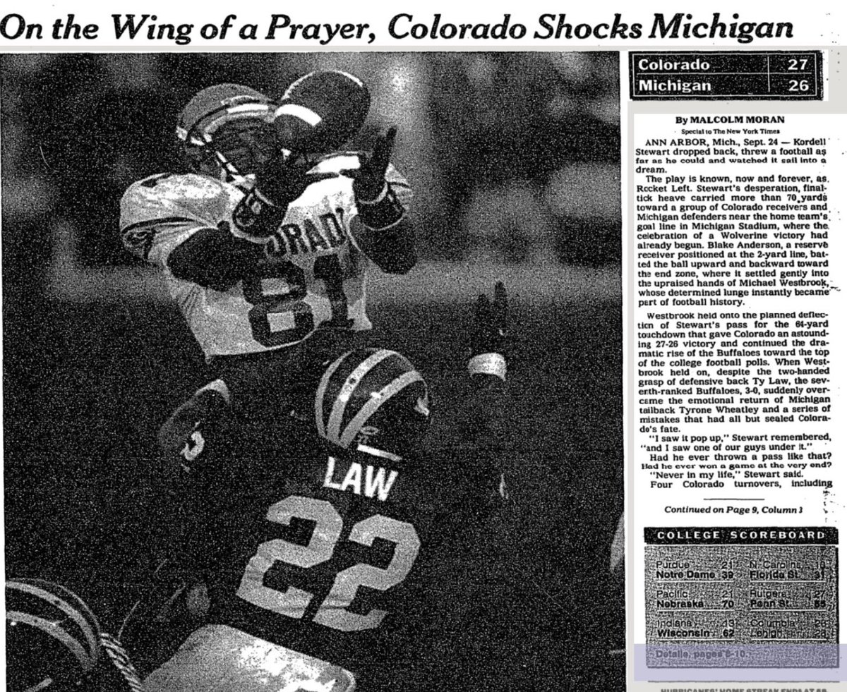 On this date in 1994. Colorado 27, Michigan 26. Six seconds remaining, Colorado QB Kordell Stewart dropped back and threw the ball 73 yards into the wind. #GoBuffs #BuffsLegend #CollegeFootball @ClintKPoppe @SSN_Colorado
