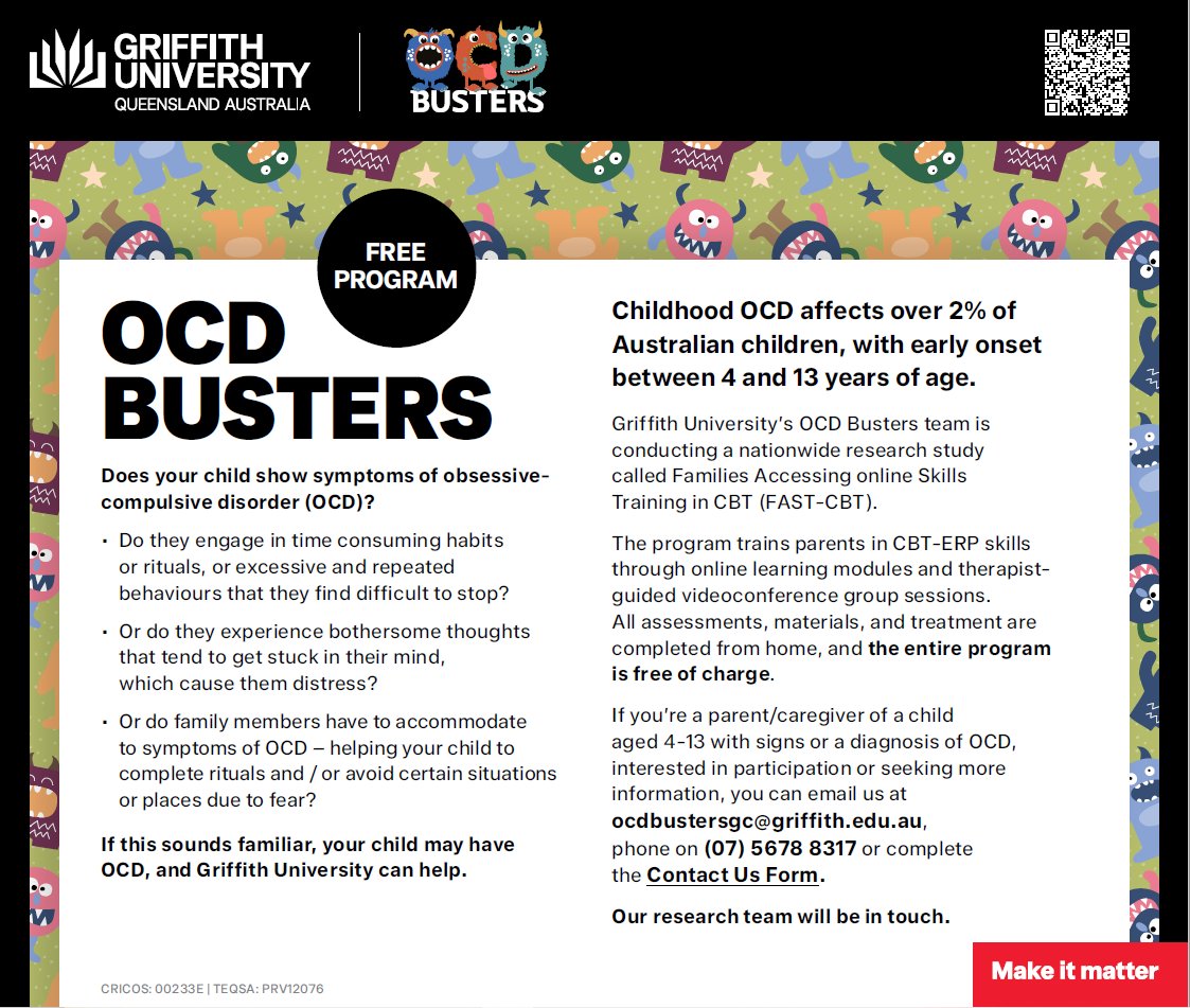 OCDAustralia's tweet photo. *Attention Australian parents of a child with OCD*

Griffith University's OCD Busters team is conducting a nationwide study and is looking for parents who would like to be trained in CBT-ERP skills. The program is free of charge. You can read more here: https://t.co/yPmSwZZyNl https://t.co/GQmM9yi1vm