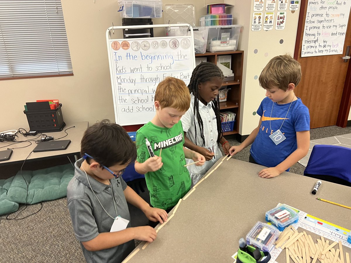 MrsWard_ASE's tweet photo. We went off script a little today when the kids got curious about using different non standard units of measurement. We used cubes &amp; sticks to measure the tables. I loved the way they worked together and the conversations they had. @HumbleISD_ASE @RRobinson_ASE @HumbleElemMath https://t.co/HKERdZIsVY