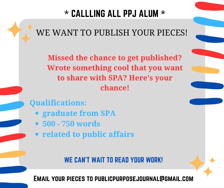 🚨CALLING SPA ALUM🚨

We want to publish your pieces! If you missed the chance to be published in our online journal, wrote something cool for work, send us your piece!

We’ll edit your piece and get it published online. Email us with any questions; can’t wait to hear from you!