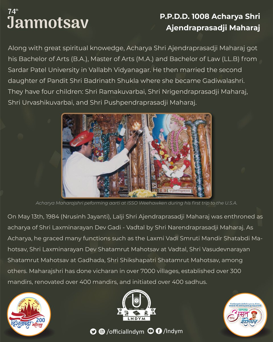 officiallndym's tweet photo. Today is the 74th Janmotsav of our guru, the current Acharya of Shri Laxminarayan Dev Gadi - #Vadtal, P.P.D.D. 1008 Acharya Shri Ajendraprasadji Maharaj!
#Swaminarayan #LNDYM #Dharmakul #VadtalGadi #LNDev #NNDev #VadtalDham #Vadtal200 #LNDev200 #Acharya75 #AmrutMahotsav2024 https://t.co/v2evEdUr2o
